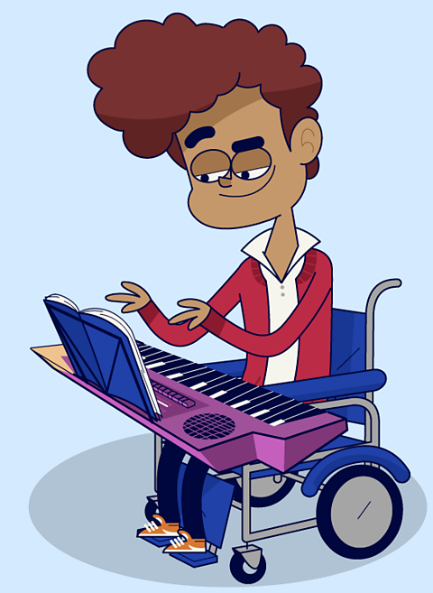 Cartoon character Hasan from Lightning Jelly playing his keyboard.