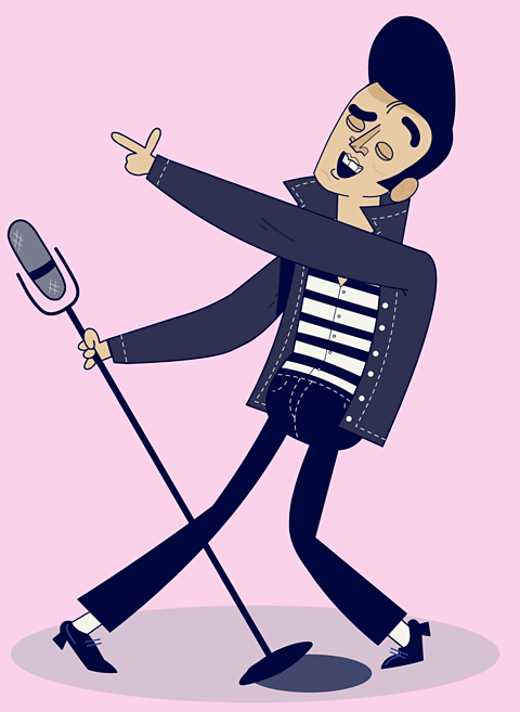 Cartoon Elvis Presley singing, dancing and swinging a mic stand from side to side.