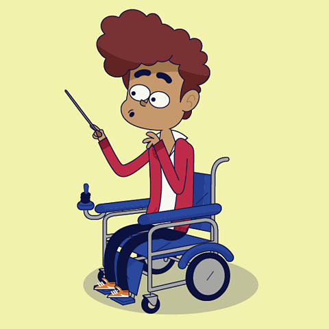 A cartoon boy in a wheelchair has a conductor's baton and is trying conducting.