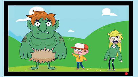 A cartoon of a screen with two children and a green troll out in the countryside.