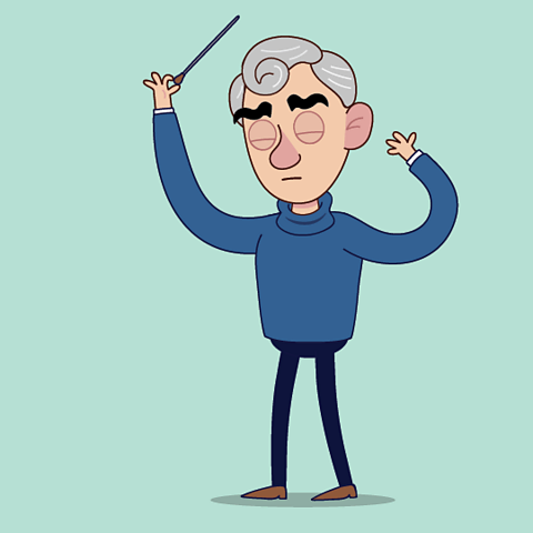 A cartoon of composer Leonard Bernstein as he is conducting with his arms raised and eyes closed.