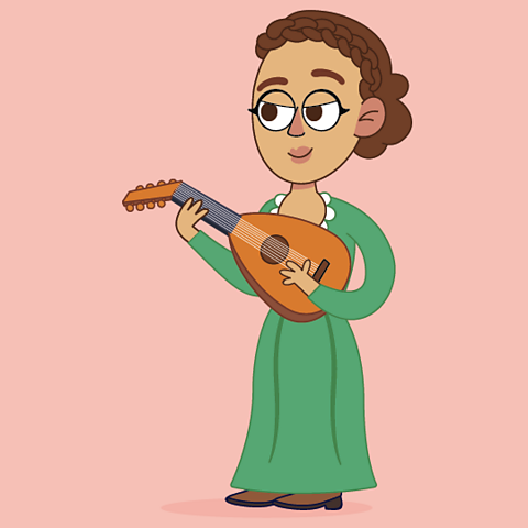 A cartoon medieval lute player in a green dress.