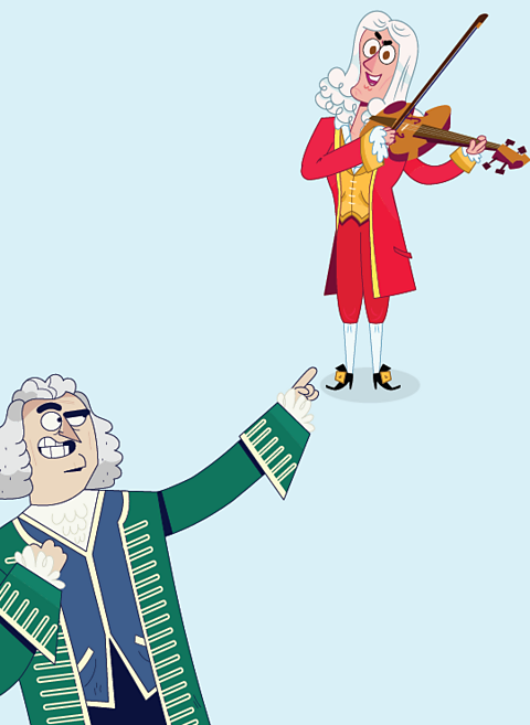 A cartoon of composer J.S. Bach pointing to composer Antonio Vivaldi, who is playing violin.