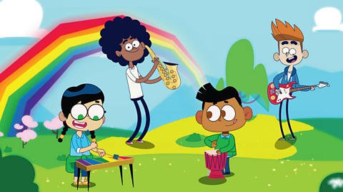 A cartoon of children forming a band with a rainbow in the background.