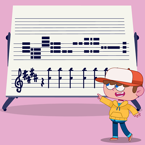 Cartoon boy pointing at a board with a musical score written on it.