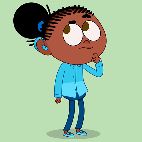 Cartoon girl called Mia is thinking hard about where to begin learning to write down music.