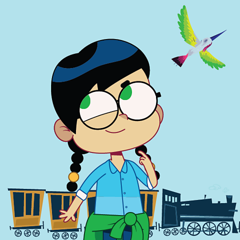 A cartoon girl thinking about what she can hear. A train is moving behind her and bird flys in the air.