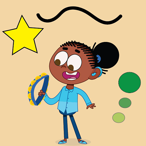 A cartoon girl playing a tambourine, surrounded by different graphical scores.