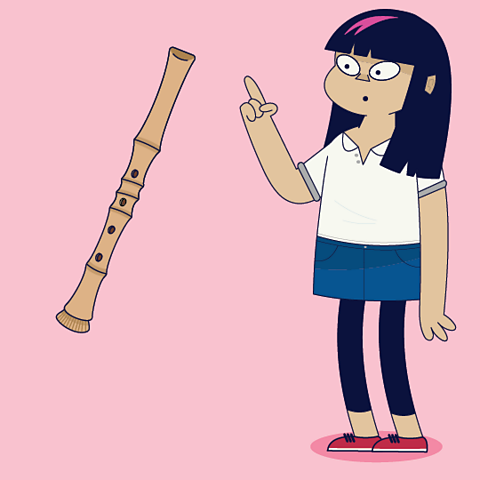 Cartoon of Ruby looking at a shakuhachi.