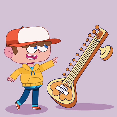 A cartoon boy pointing at a sitar.