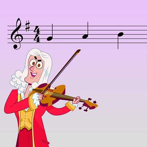 Cartoon of composer Vivaldi playing the violin beneath a music score showing a key of G Major.