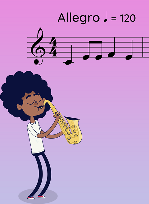 Cartoon of Asha playing saxophone beneath a music score with a tempo mark of allegro 120.