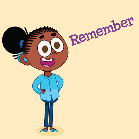 A cartoon girl standing smiling under the word 'remember'.