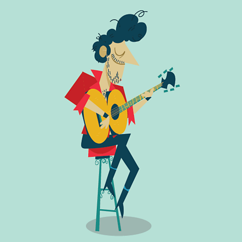 A cartoon of a man sat on a high stool playing flamenco guitar.