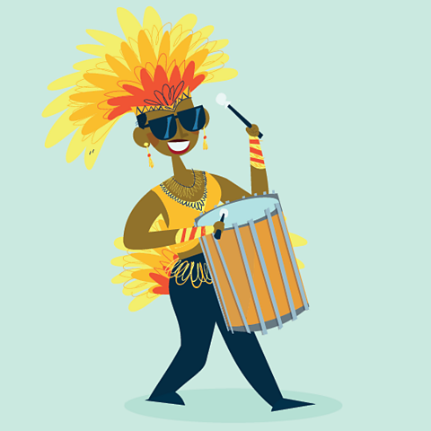 A cartoon of a female samba drummer playing during Carnival.