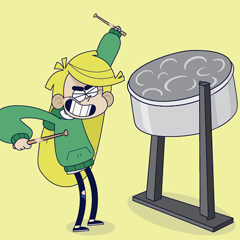 A cartoon girl playing the steel pan drums.