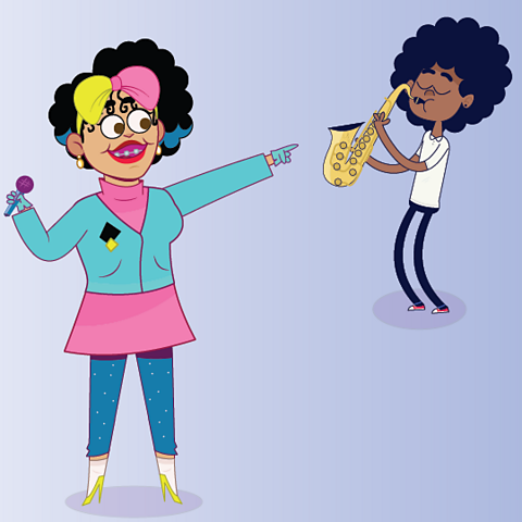 A cartoon of singer Polly - styrene from he punk band x-ray specs pointing at a boy playing saxophone.