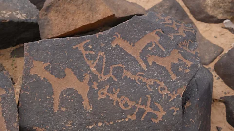 Jack Pearson Ancient rock art in the desert depicts animals like horses, ostriches and camels (Credit: Jack Pearson)