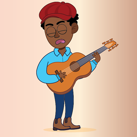 A cartoon of a man playing folk music on an acoustic guitar and singing.