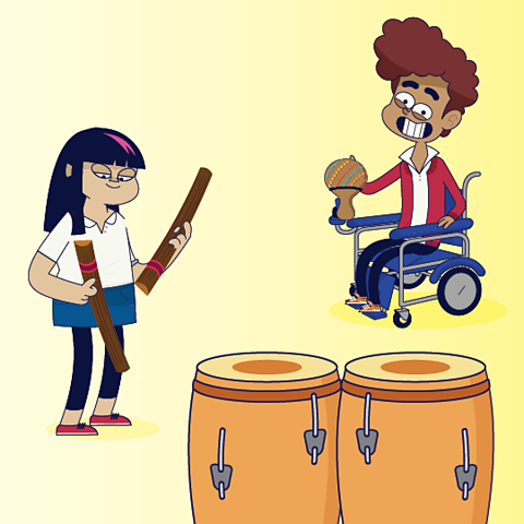 A cartoon girl holding two rain sticks, standing near a pair of congo drums. A boy in a wheelchair has a traditional shekere instrument.