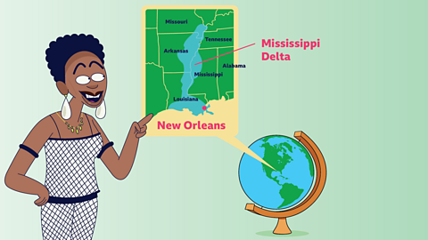 Cartoon of singer Nina Simone pointing at a map showing the Mississippi Delta in the southern states of America.