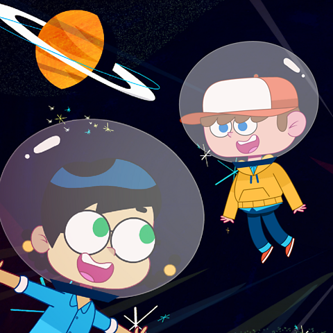 A cartoon of two young people having fun floating around space in spacesuits.