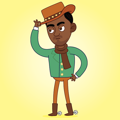 A cartoon image of an American cowboy, tipping his stetson hat.