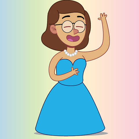 A cartoon of an opera singer in a blue dress with her eyes closed and arm raised as she sings.