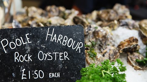 Close up of rock oysters for sale with a sign that says: 'Poole Harbour Rock Oyster £1.50 each'