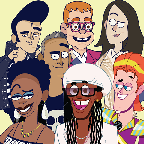 A cartoon collage of modern musicians. Top to bottom is Elvis Presley, Elton John, Anna Meredith, Nitin Sawhney, David Bowie, Nile Rodgers and Nina Simone.