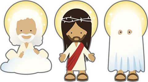 Fun Holy Trinity characters, The Father, Son and the Holy Spirit, demonstrating God's Love.