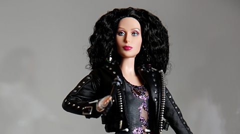 Cher Barbie doll in a leather jacket.