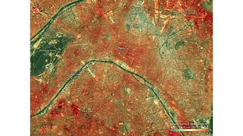 European Space Agency A heat map shows land surface temperatures in Paris during a heatwave in June 2022 (Credit: European Space Agency)