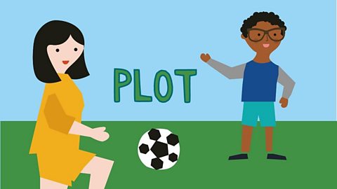 The word 'plot' is written in green over a backdrop of a boy and a girl playing football on a patch of green grass.