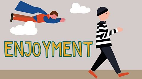 The word 'enjoyment' is written in yellow over a backdrop of a man in a stripy black and white prison outfit walking away as a superhero with a blue cape flies after him through the clouds.