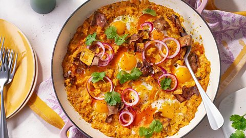 Sweet potato shakshuka with sriracha butter and pickled onions