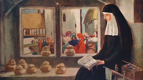 A painting of a nun sat inside a small room reading a book. Outside the window there are people gathered in the town. 