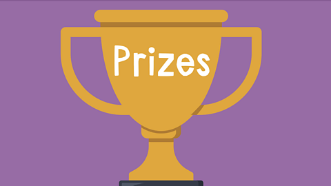 The word 'prizes' is written on a gold trophy on a purple background.