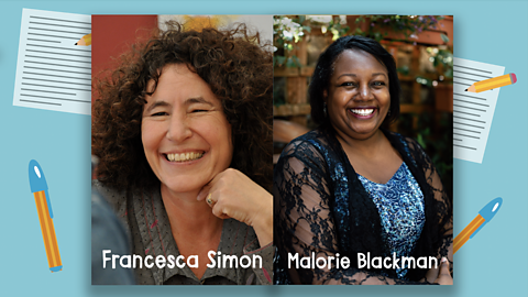 Francesca Simon and Malorie Blackman are smiling. The background is pale blue with blue and yellow pens scattered across illustrated pages. 