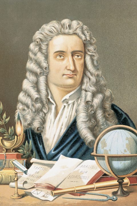 A portrait of Isaac Newton, surrounded by scientific equipment.