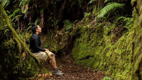 Cinzia Maioha-Jonathan Person sitting in NZ rainforest on Whirinaki Forest Footsteps