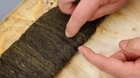 Getty Images A scientist points at a Canadian lake core sample to indicate the Anthropocene period (Credit: Getty Images)