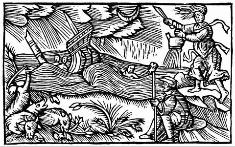 Woodcut image showing a witch casting a spell to cause a storm at sea. A ship and passengers are shown sinking into the water.