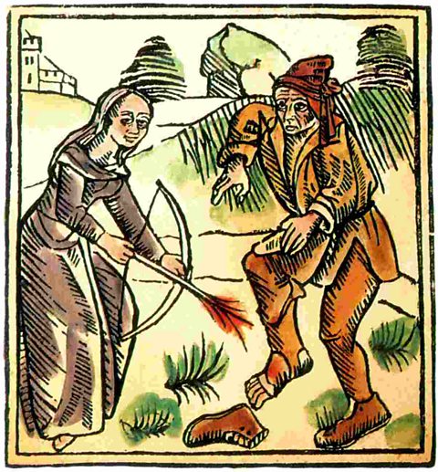 Coloured woodcut print showing a woman shooting an arrow at a man's foot to cure his illness.