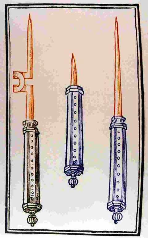 Illustration of three witch pricking needles or bodkins. The two on the left show retractable blades which would appear to pierce the body without causing a wound or pain.