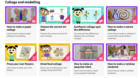 Some of the activities and guides to collage and modelling on the Bitesize Early Years Expressive Arts and Design page.