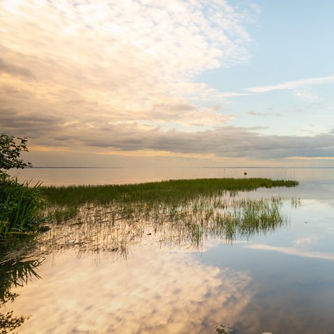 A photograph of Lough Neagh on a calm day. The blue sky and pink clouds are reflected in the water.