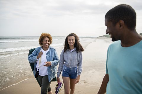 A family walk on a beach as a distraction from exam Results Day