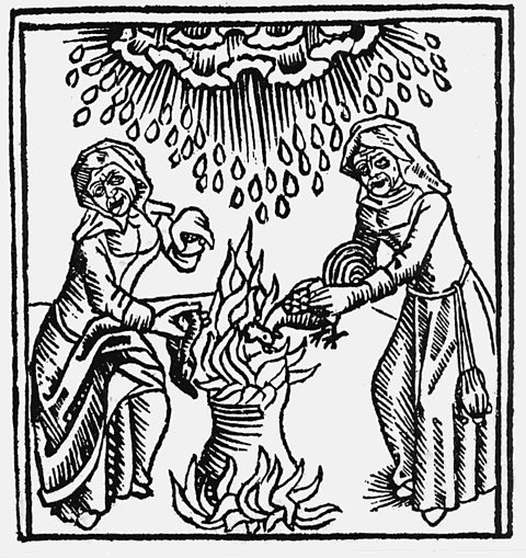 Woodcut image showing two witches casting a spell which causes rain to fall around them.