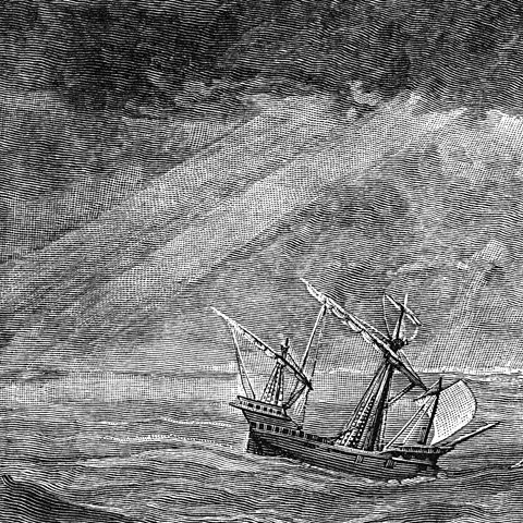 Antique engraving of a sailing ship at sea in stormy weather.